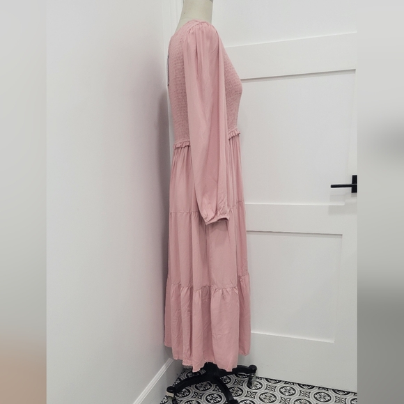 MEROKEETY Women's Long Sleeve Smocked V-neck High Waist Ruffle Tier Midi Dress - Picture 4 of 15